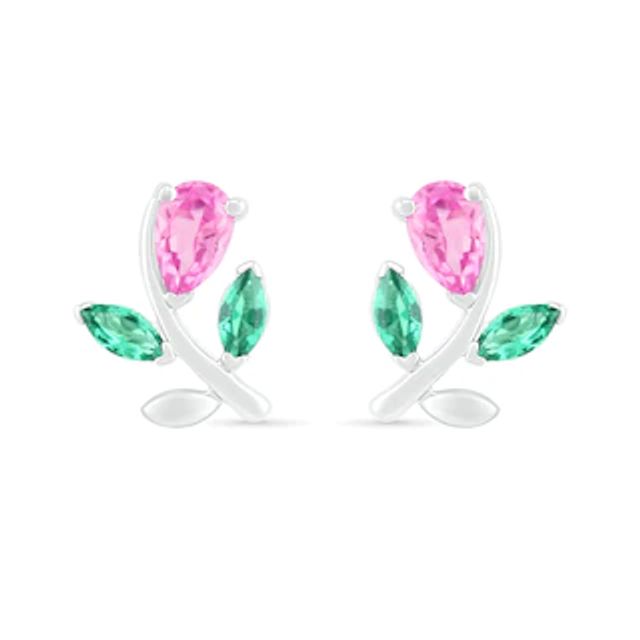 Pear-Shaped Lab-Created Pink Sapphire and Emerald Flower with Stem Stud Earrings in Sterling Silver|Peoples Jewellers