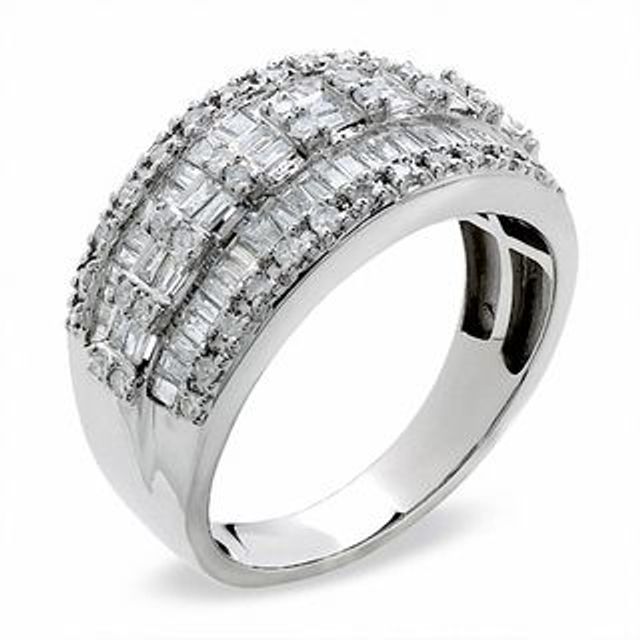 Previously Owned - 1.00 CT. T.W. Baguette and Round Diamond Three Row Ring in 10K White Gold|Peoples Jewellers