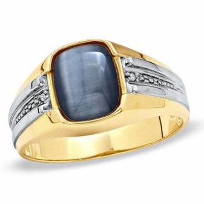 Previously Owned - Men's Cushion-Cut Simulated Grey Hawk's Eye and Diamond Accent Ring in 10K Gold|Peoples Jewellers