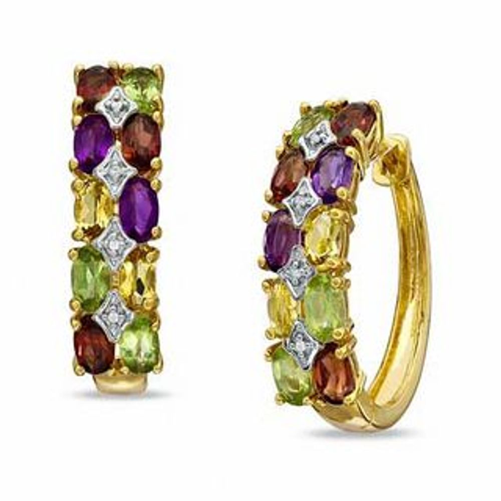 Previously Owned - Multi-Gemstone and Diamond Accent Hoop Earrings in Sterling Silver with 18K Gold Plate|Peoples Jewellers