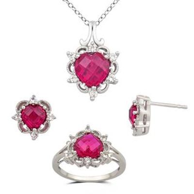 Previously Owned - Heart-Shaped Lab-Created Ruby and White Sapphire Pendant, Ring and Earrings Set in Sterling Silver|Peoples Jewellers