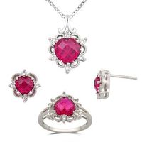 Previously Owned - Heart-Shaped Lab-Created Ruby and White Sapphire Pendant, Ring and Earrings Set in Sterling Silver|Peoples Jewellers