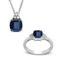 Previously Owned - Cushion-Cut Lab-Created Ceylon and White Sapphire Pendant and Ring Set in Sterling Silver|Peoples Jewellers