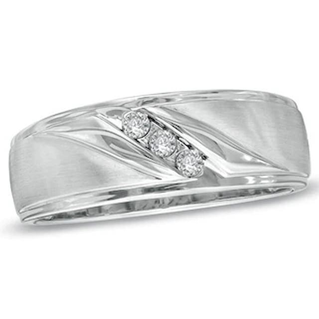 Previously Owned - Men's 0.10 CT. T.W. Diamond Three Stone Slant Band in 10K White Gold|Peoples Jewellers