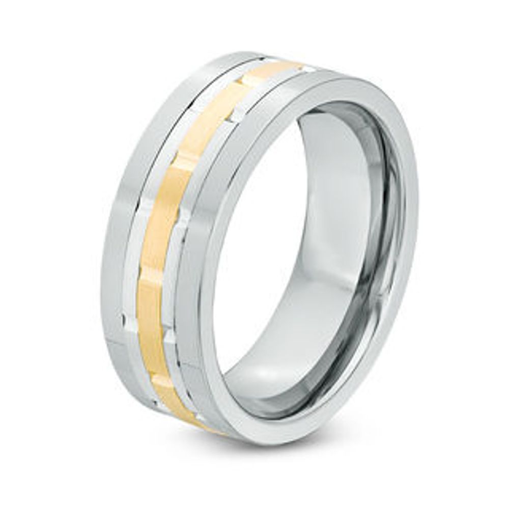 Previously Owned -  Men's 8.0mm Comfort-Fit Brick Pattern Centre Stripe Wedding Band in Tungsten and 10K Gold|Peoples Jewellers