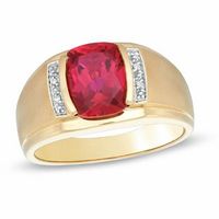 Previously Owned - Men's Cushion-Cut Lab-Created Ruby and Diamond Accent Ring in 10K Gold|Peoples Jewellers