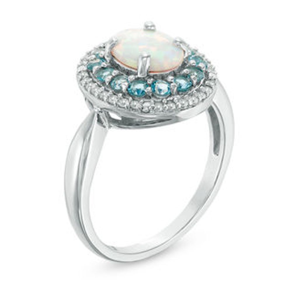 Previously Owned - Oval Lab-Created Opal, White Sapphire and Blue Topaz Double Frame Ring in Sterling Silver|Peoples Jewellers