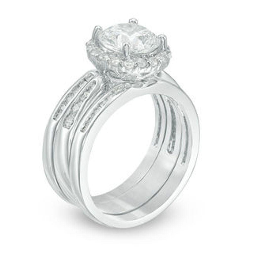 Previously Owned - 8.0mm Lab-Created White Sapphire Frame Three Piece Bridal Set in Sterling Silver|Peoples Jewellers