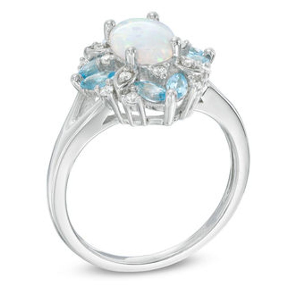 Previously Owned - Oval Lab-Created Opal, Swiss Blue Topaz and White Sapphire Vintage-Style Ring in Sterling Silver|Peoples Jewellers