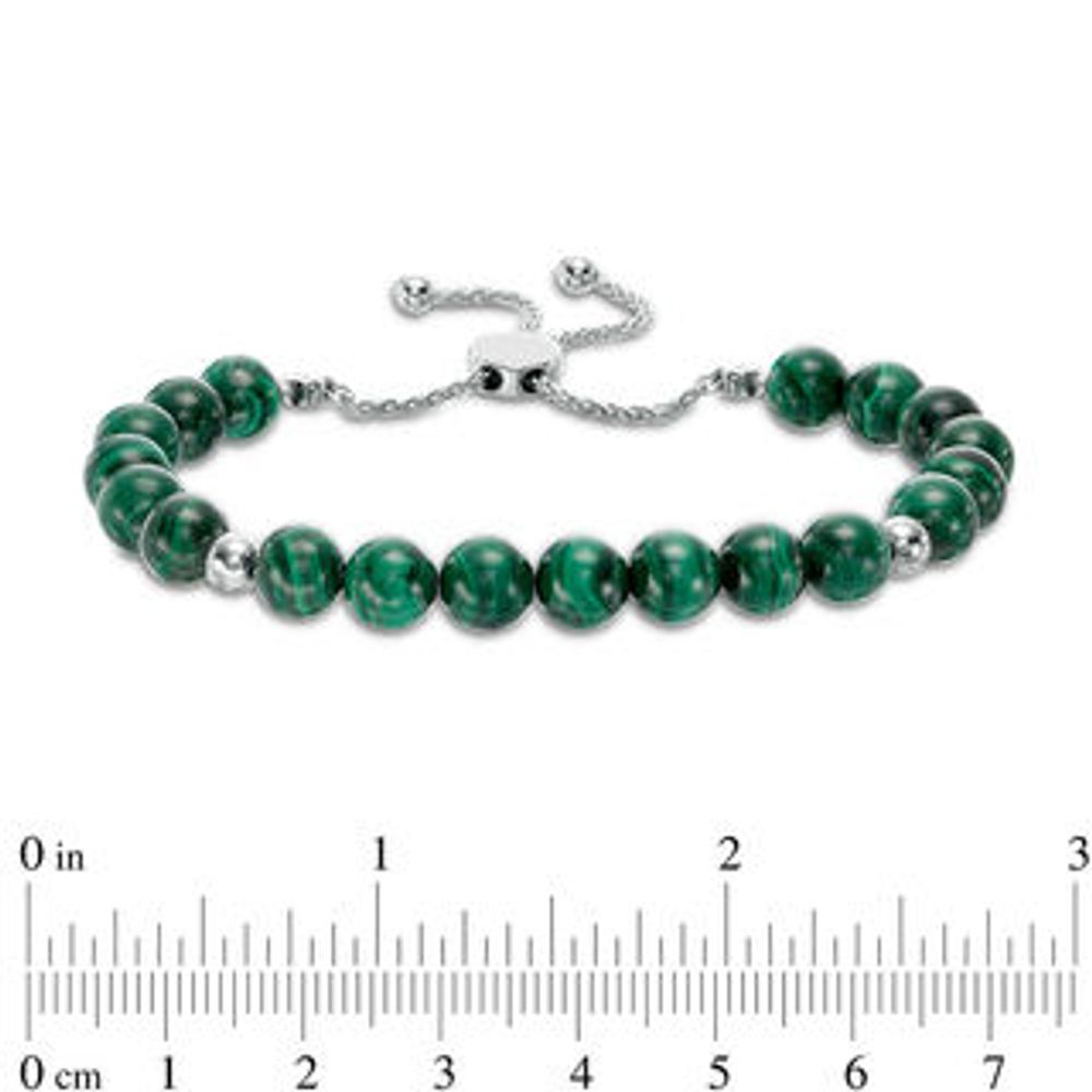 Previously Owned - 8.0mm Malachite and Polished Bead Bolo Bracelet in Sterling Silver - 9.0"|Peoples Jewellers