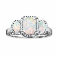 Previously Owned - Cushion-Cut Lab-Created Opal Three Stone Ring with Diamond Accents in 14K White Gold|Peoples Jewellers