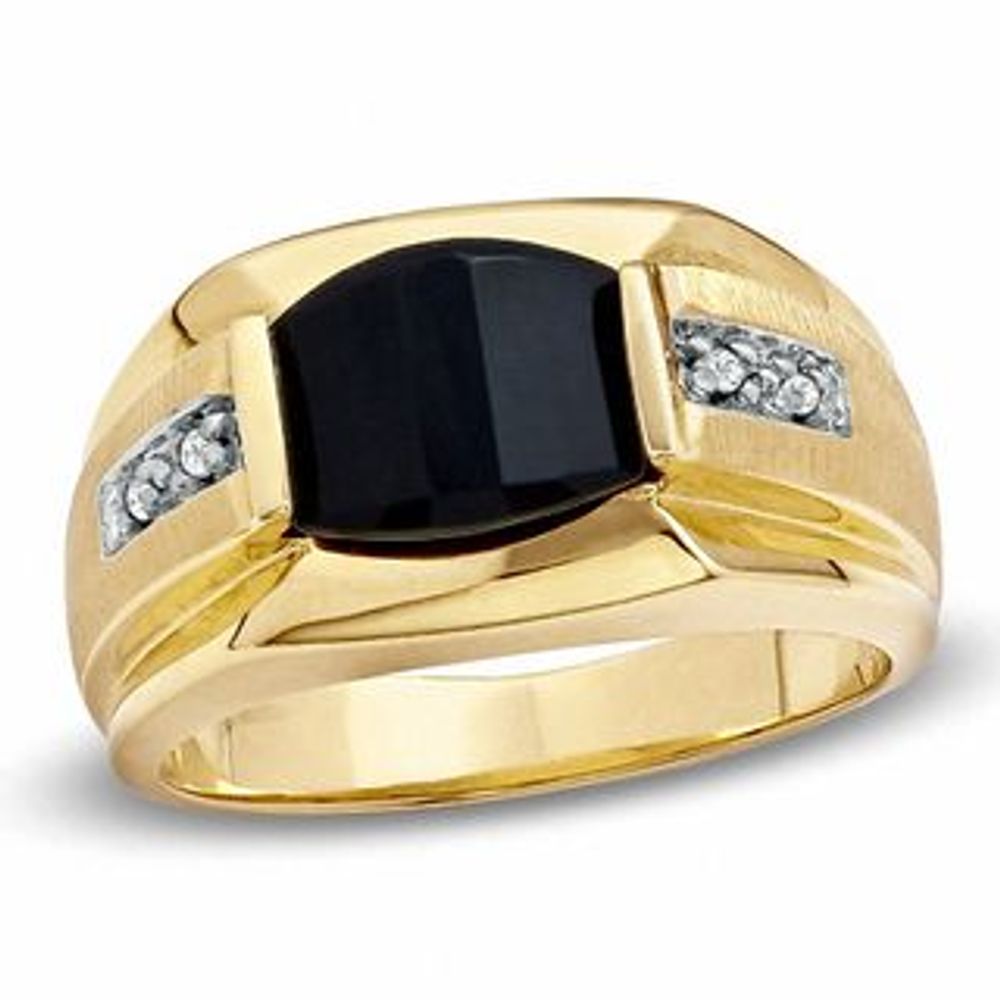 Previously Owned - Men's Barrel-Cut Onyx and Diamond Accent Ring in 10K Gold|Peoples Jewellers