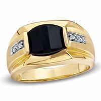 Previously Owned - Men's Barrel-Cut Onyx and Diamond Accent Ring in 10K Gold|Peoples Jewellers