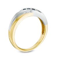 Previously Owned - Men's Blue Sapphire Three Stone Slant Wedding Band in 10K Two-Tone Gold|Peoples Jewellers