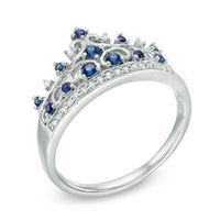 Previously Owned - Princess-Cut and Round Blue Sapphire with Lab-Created White Sapphire Crown Ring in Sterling Silver|Peoples Jewellers