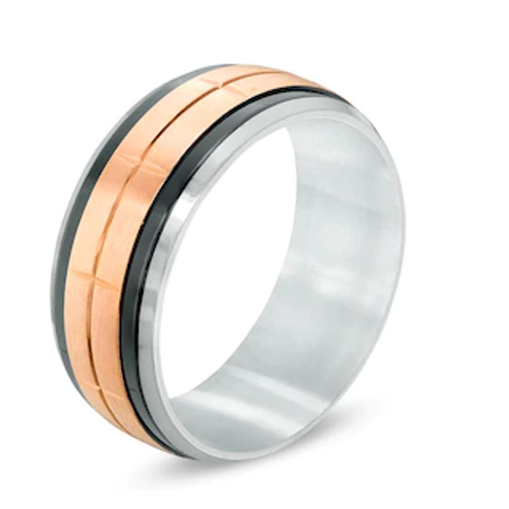 Previously Owned - Men's 9.0mm Satin Brick-Pattern Rose and Black IP Stainless Steel Wedding Band|Peoples Jewellers