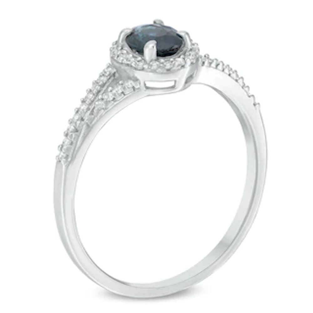 Previously Owned - Oval Blue Sapphire and 0.17 CT. T.W. Diamond Frame Split Shank Ring in 10K White Gold|Peoples Jewellers