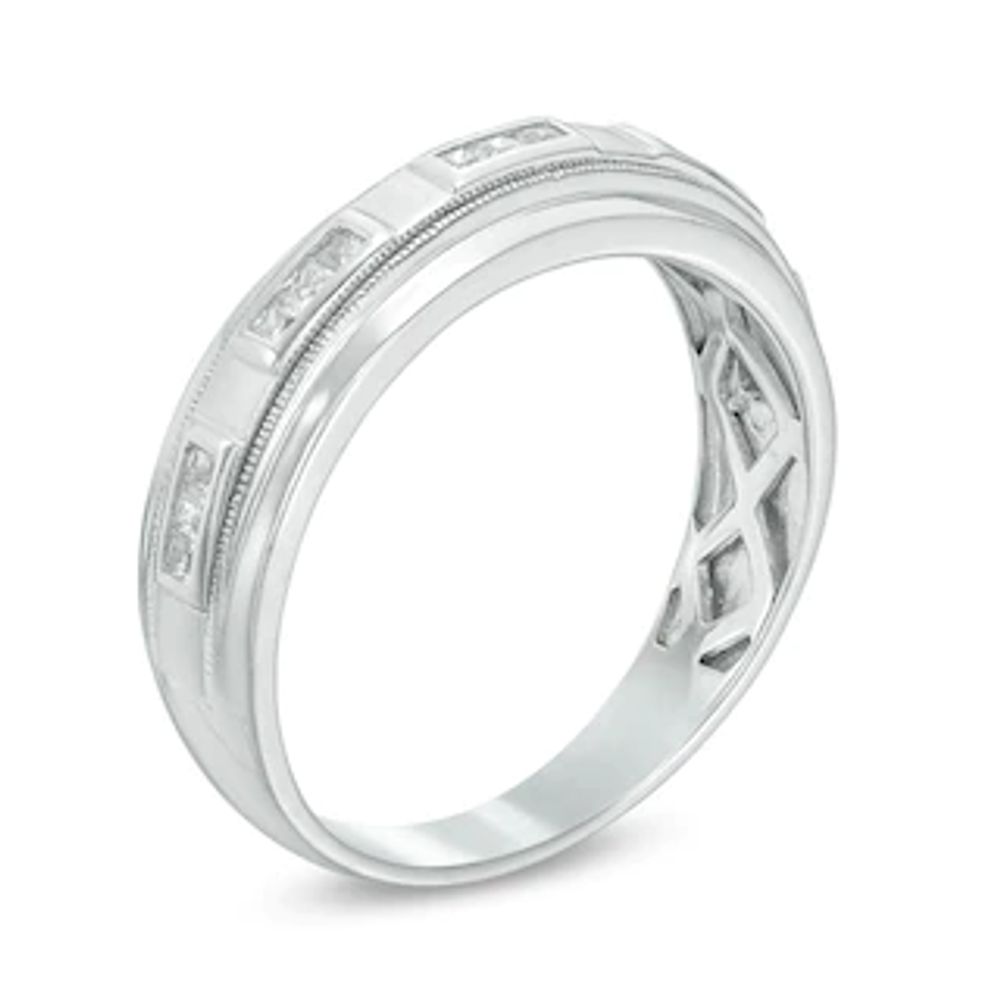 Previously Owned - Men's 0.30 CT. T.W. Square-Cut Diamond Station Milgrain Wedding Band in 10K White Gold|Peoples Jewellers