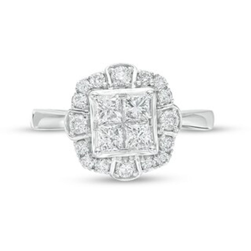 Previously Owned - 1.00 CT. T.W. Quad Princess-Cut Diamond Scallop Frame Engagement Ring in 10K White Gold|Peoples Jewellers