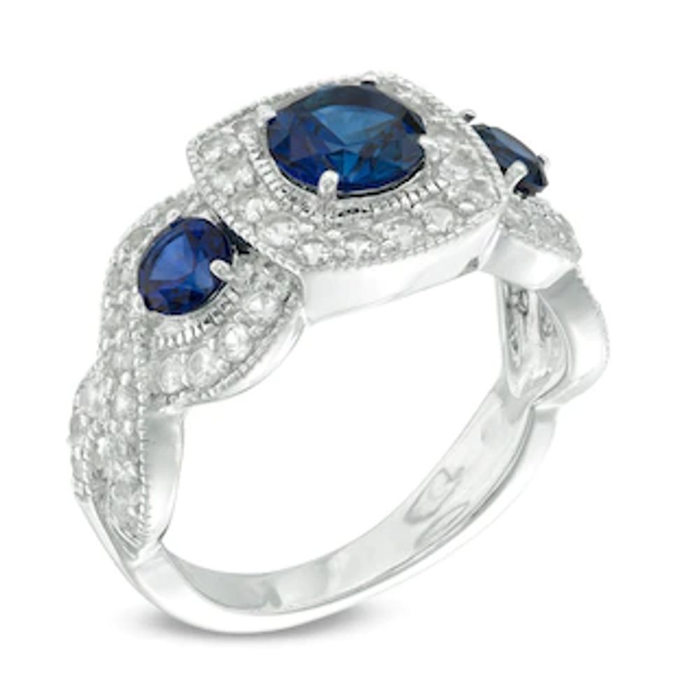 Previously Owned - Lab-Created Blue and White Sapphire Frame Three Stone Ring in Sterling Silver|Peoples Jewellers