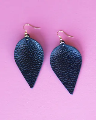 Leather Leaf Earrings- Black