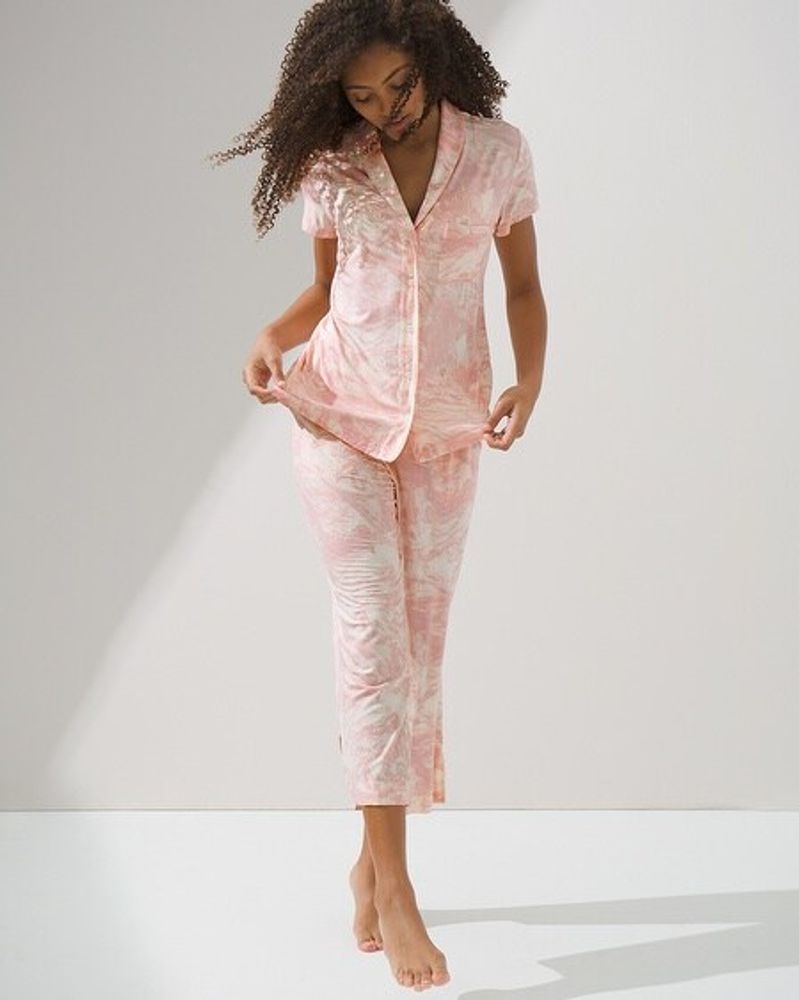 Soma Cool Nights Short Sleeve Notch Collar Pajama Top, MARBLE DREAMS PINK BLUSH, Size XS