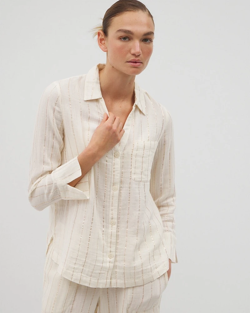 Cotton Gauze Long Sleeve Notch Collar