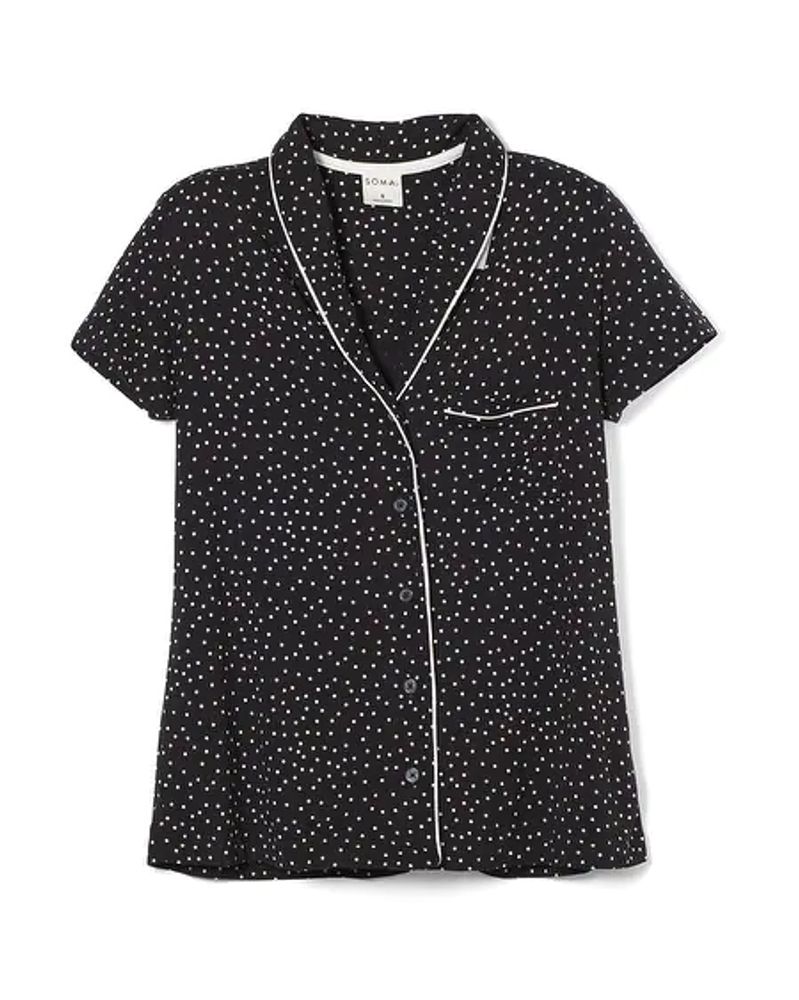 Soma Cool Nights Short Sleeve Notch Collar Pajama Top, CARAVAN DOT BLACK