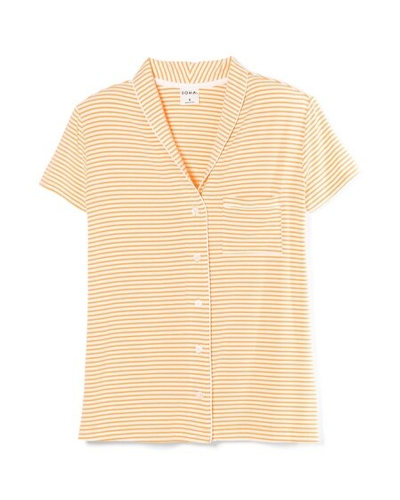 Soma Cool Nights Short Sleeve Notch Collar Pajama Top, RIBBON STRIPE CND ORANGE, Size XS