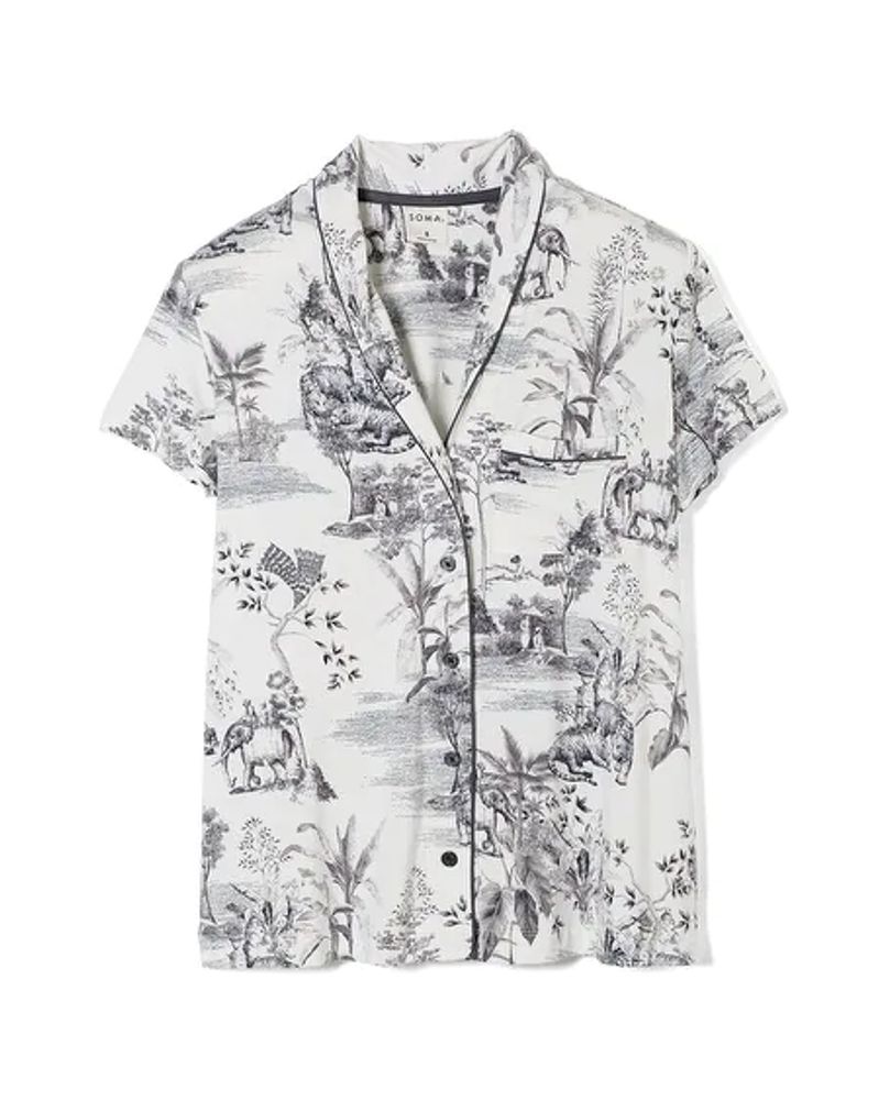 Soma Cool Nights Short Sleeve Notch Collar Pajama Top, GLOBAL TOILE IVORY