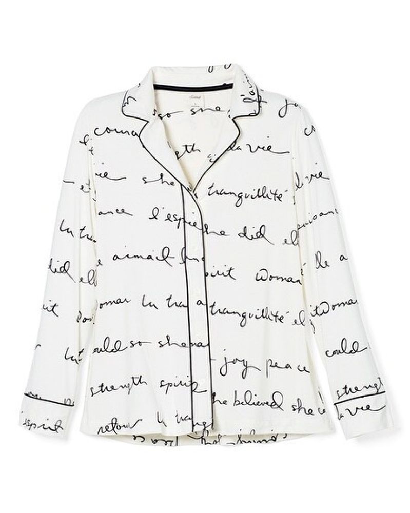 Soma Cool Nights Long Sleeve Notch Collar Pajama Top, FRENCH SCRIPT IVORY, Size XS