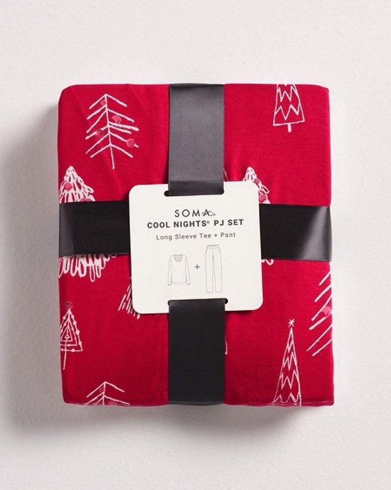 Soma Cool Nights Long Sleeve Pajama Set, Christmas Trees, Red, size L, Christmas Pajamas by Soma, Gifts For Women