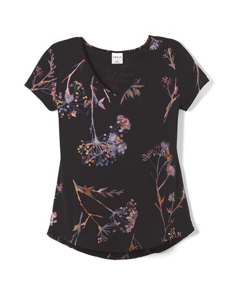 Soma Cool Nights V-Neck Pajama Tee, VEILED FLORAL GRAND BLACK