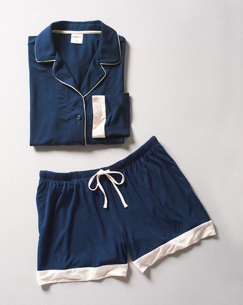 Soma Cool Nights Long Sleeve Notch Collar Top & Shorts PJ Set, Nightfall Navy, Size XL