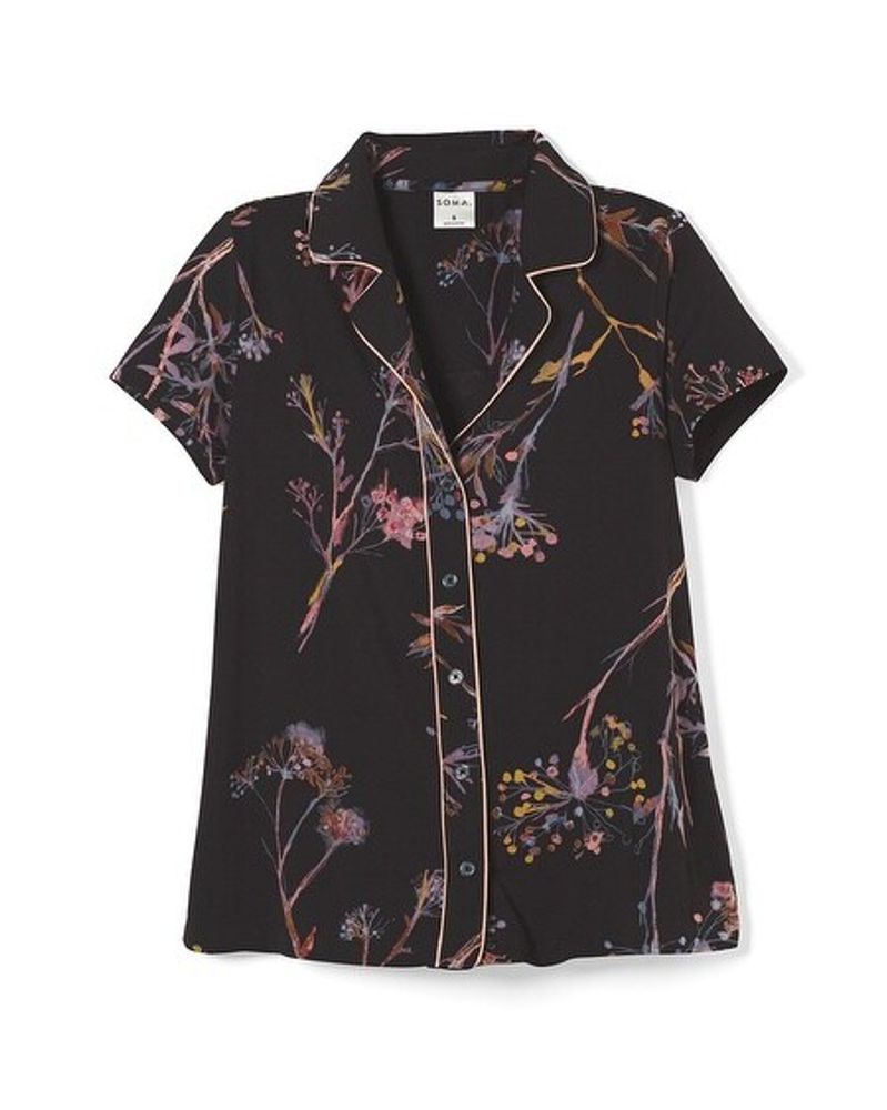 Soma Cool Nights Notch Collar Pajama Top, VEILED FLORAL GRAND BLACK