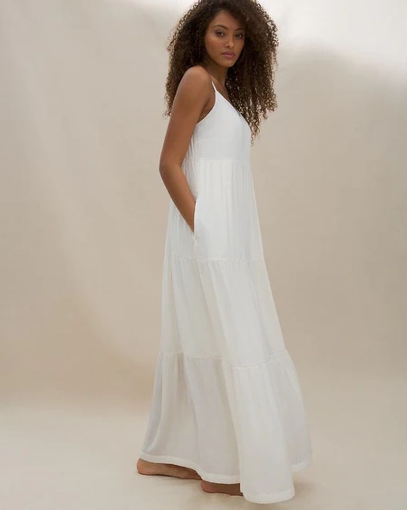 Soma Soma WKND Tiered Satin Maxi Bra Dress, White/Ivory, size XL