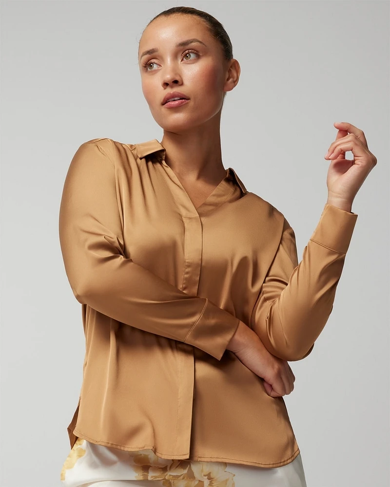 Satin Long-Sleeve Collar Top