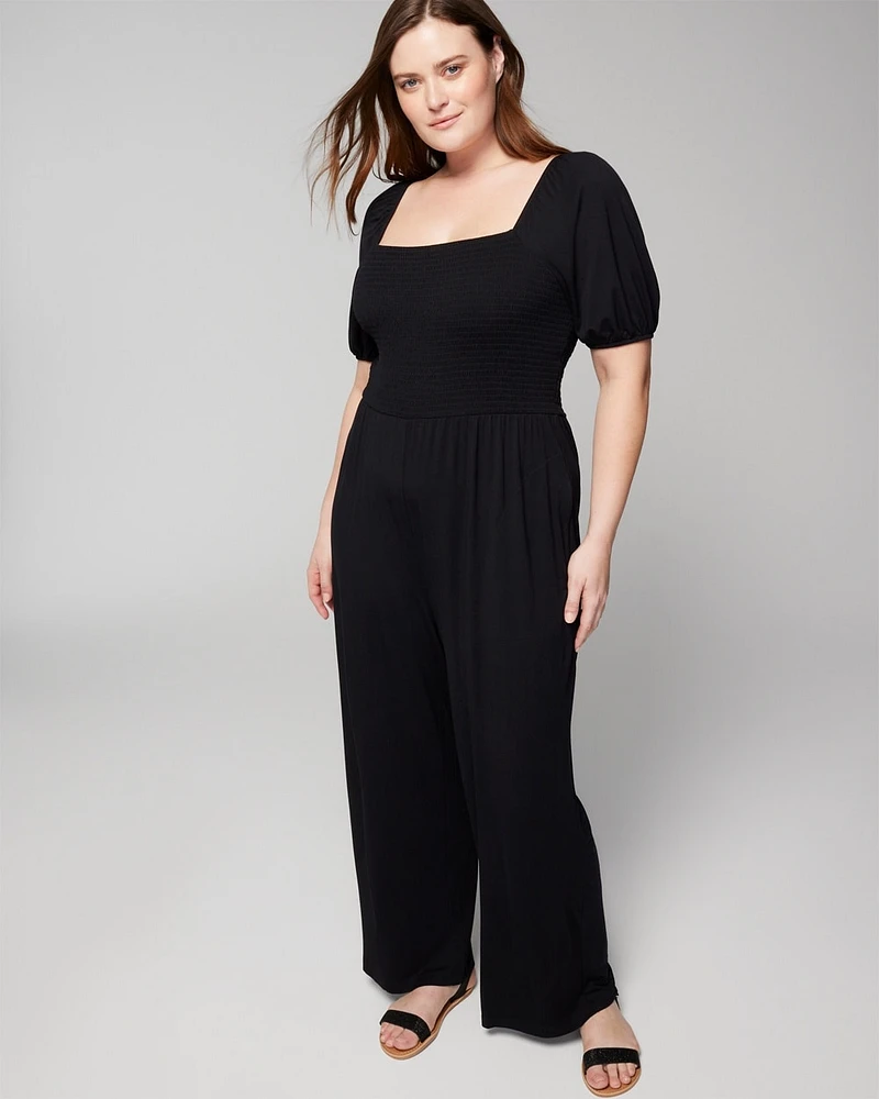 Soft Jersey Smocked Wide-Leg Jumpsuit