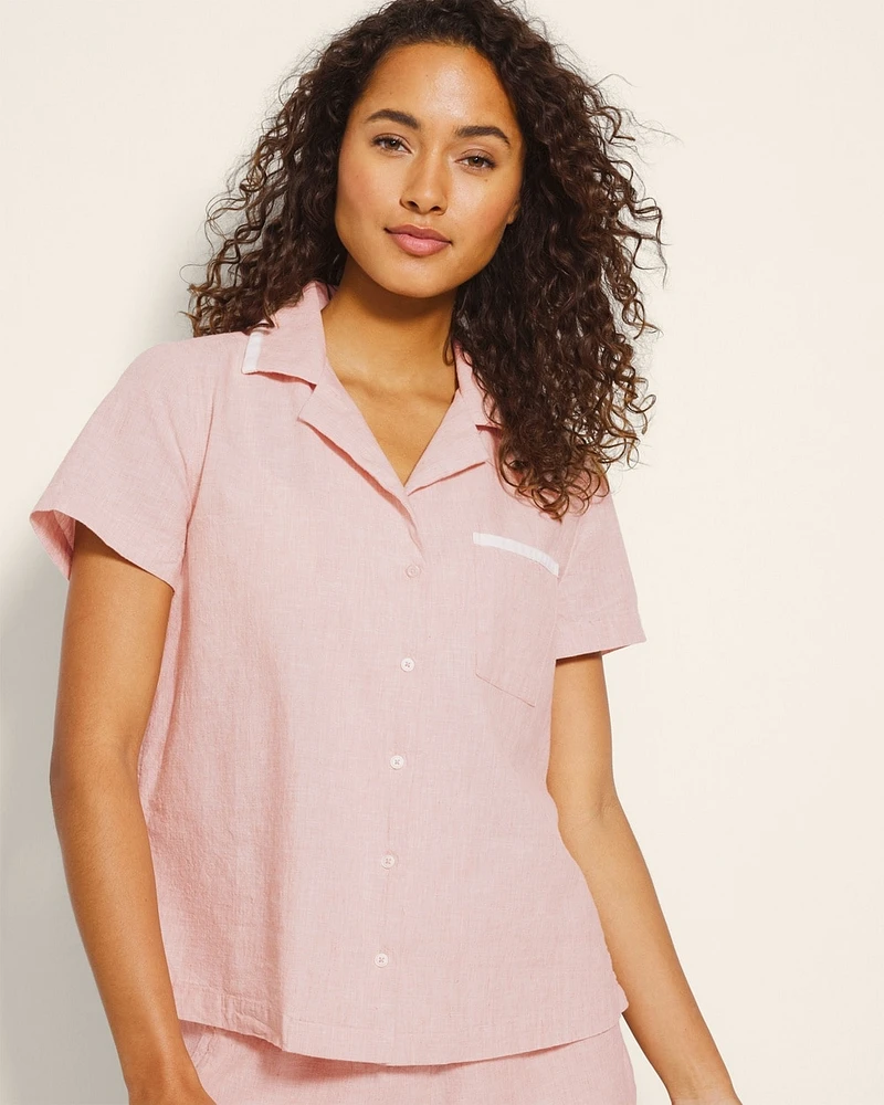 Laundered Cotton Short-Sleeve Notch Collar