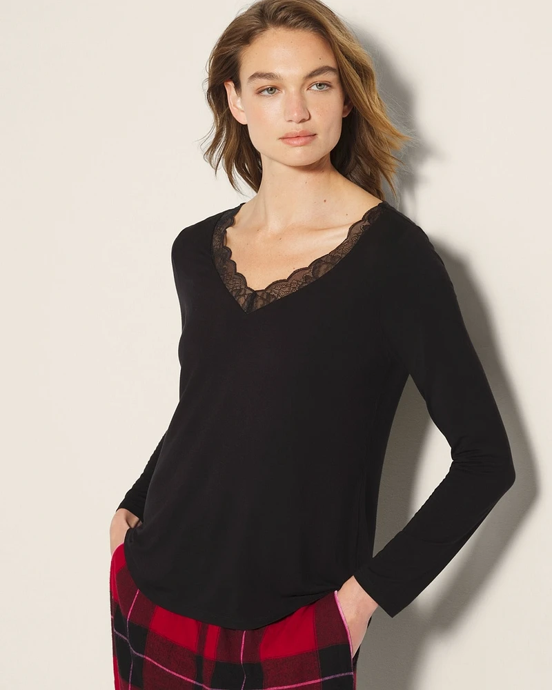 Cool Nights Lace Trim Long-Sleeve Top