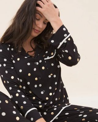 Soma Cool Nights Long Sleeve Pajama Top, Polka Dot, Black, size M, Christmas Pajamas by Soma, Gifts For Women