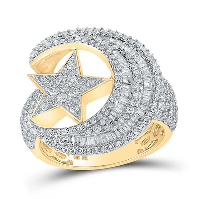 10kt Yellow Gold Mens Baguette Diamond Crescent Moon Star Ring 2-1/3 Cttw