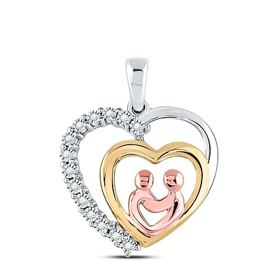 10kt Two-tone Gold Womens Round Diamond Child Mom Heart Pendant 1/20 Cttw