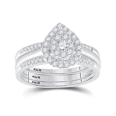 14k White Gold Round Diamond Teardrop Cluster 3-Piece Bridal Wedding Ring Band Set 1/2 Cttw