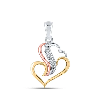 Tri-Tone Sterling Silver Womens Round Diamond Heart Pendant 1/20 Cttw