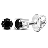 Sterling Silver Womens Round Black Color Enhanced Diamond Solitaire Earrings / Cttw