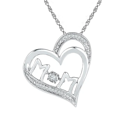 Sterling Silver Womens Round Diamond Heart Mom Pendant / Cttw