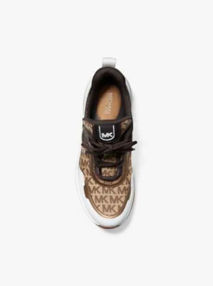 Michael Kors Olympia Logo Jacquard and Metallic Leather Trainer