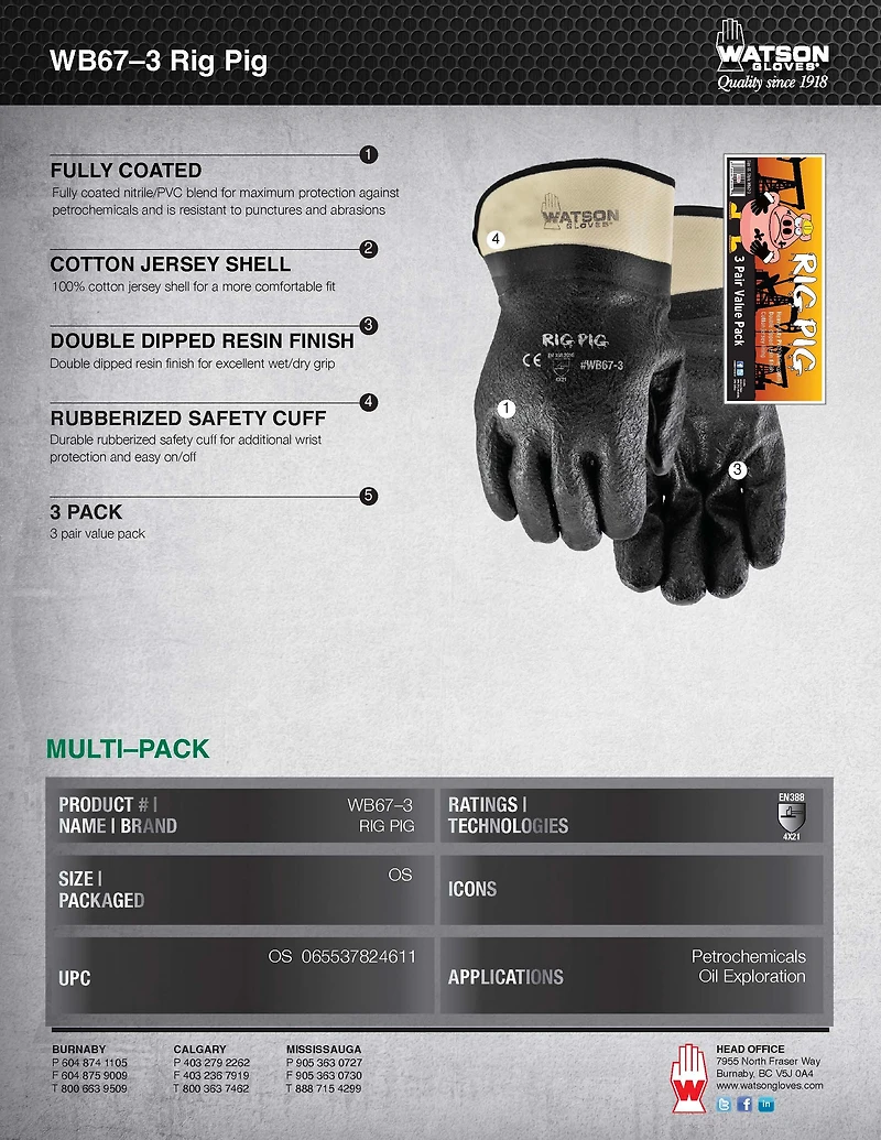 Watson Rig Pig Gloves for Oil and Petrochemical Applications Pack of 3