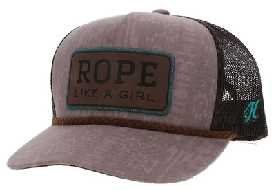 Rope Like a Girl Pink Aztec / Brown 5-Panel Trucker with Rectangle Leather Patch - OSFA)